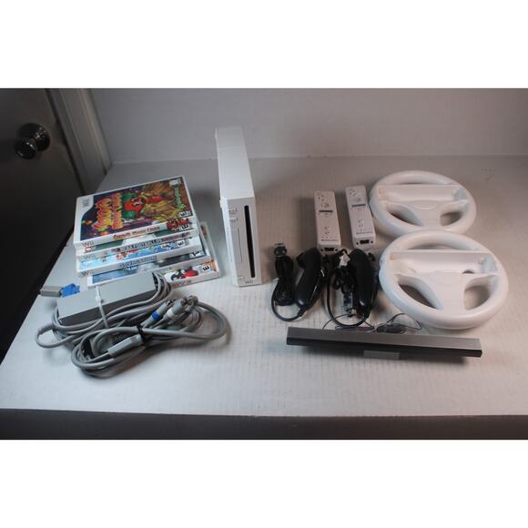 Nintendo Wii White Console RVL-001 W/ 2 controllers, 2 chuks, 5 games, 2 wheels - Picture 1 of 12